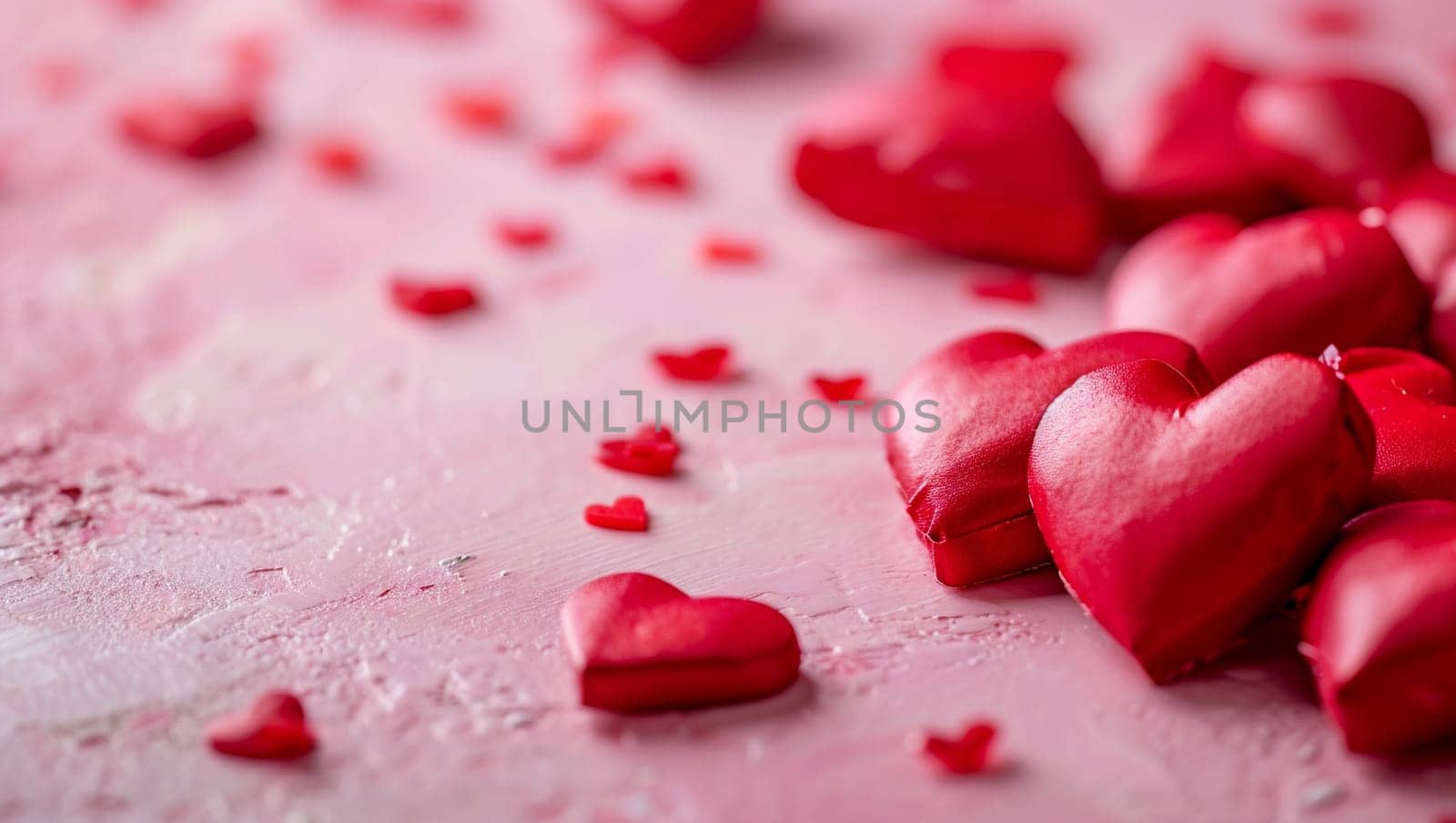 Red hearts on pink background. A lot of heart-shaped object is located to the side, there is space for text. by Sneznyj