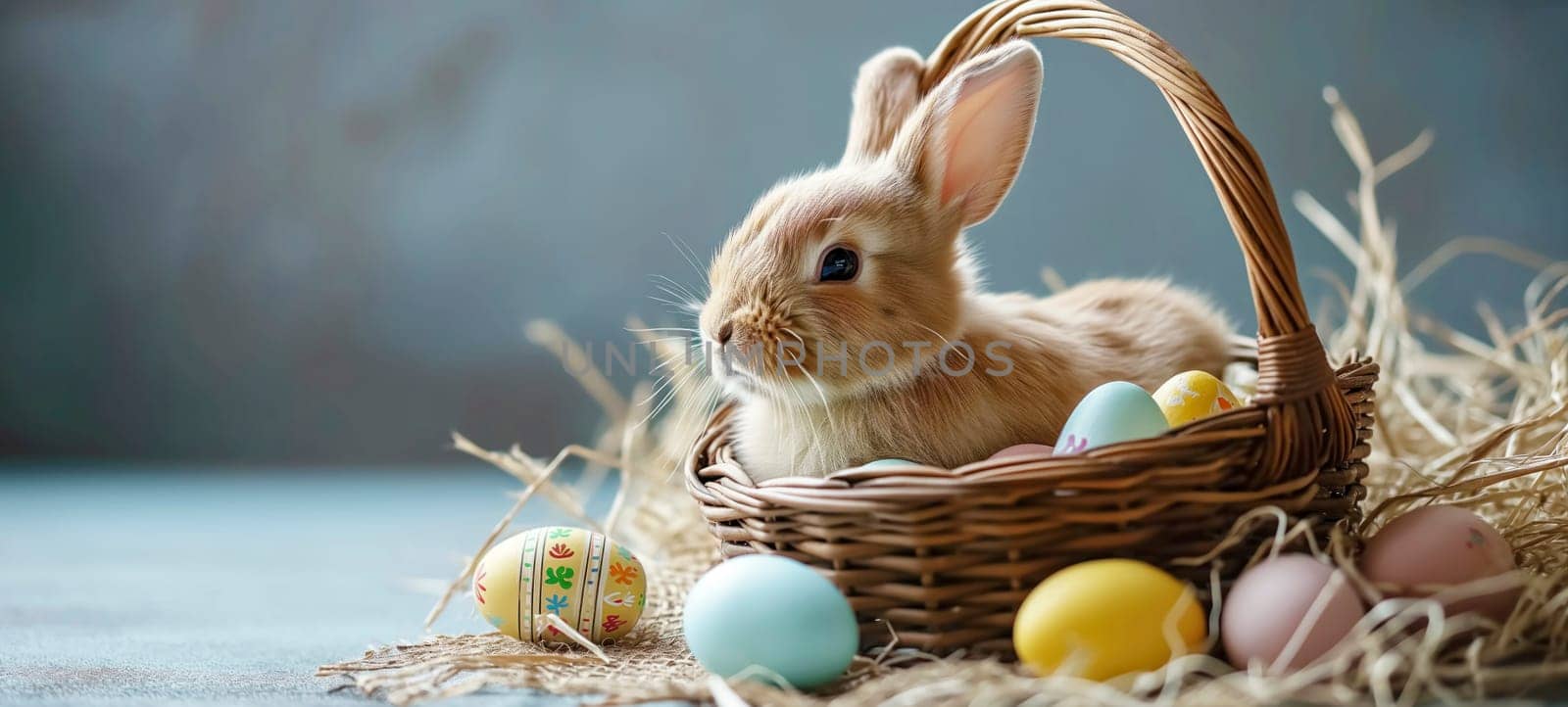 Cute young Easter bunny in a wicker basket with dyed eggs on a wooden table. Easter banner with copy space