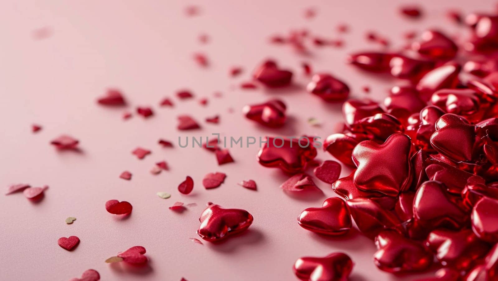 Red hearts on pink background. A lot of heart-shaped object is located to the side, there is space for text. High quality photo