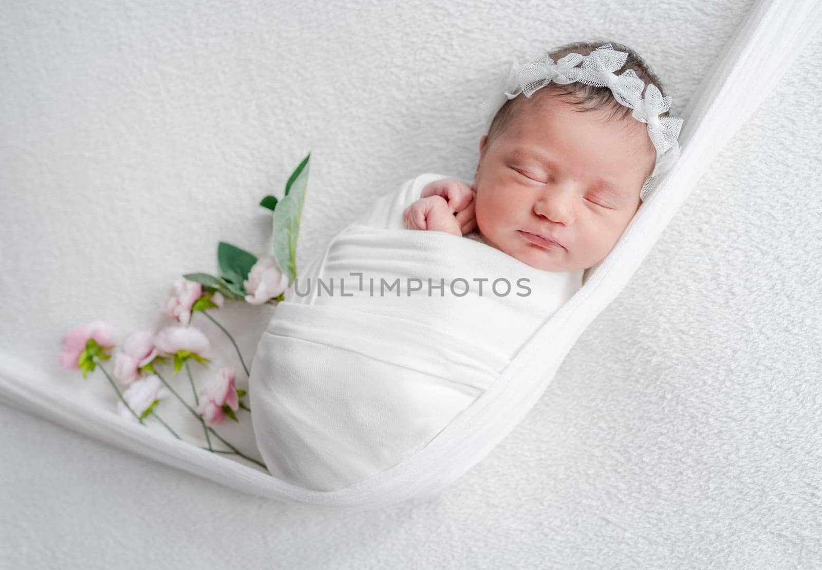 Newborn Girl Sleeping In White Tones On Bib by tan4ikk1