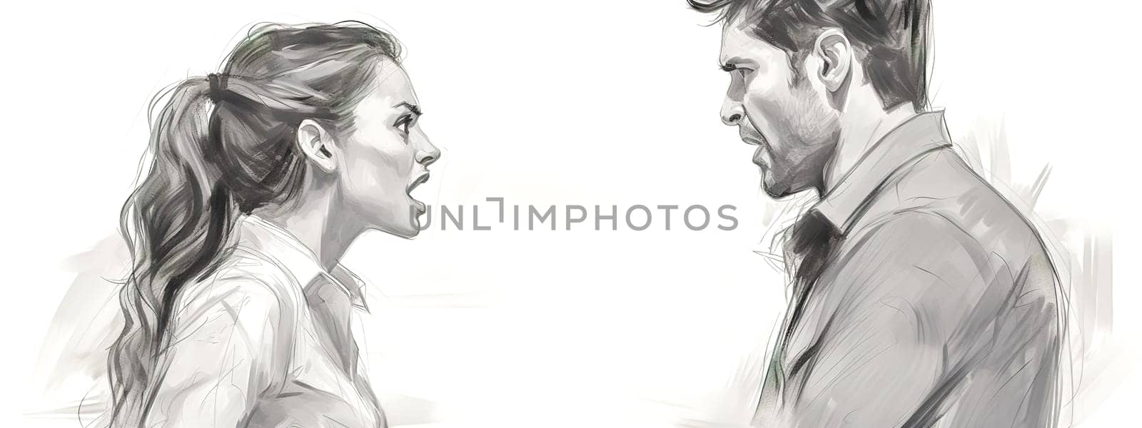 A sketch of a woman and a man in a heated discussion, facing each other with intense expressions, banner