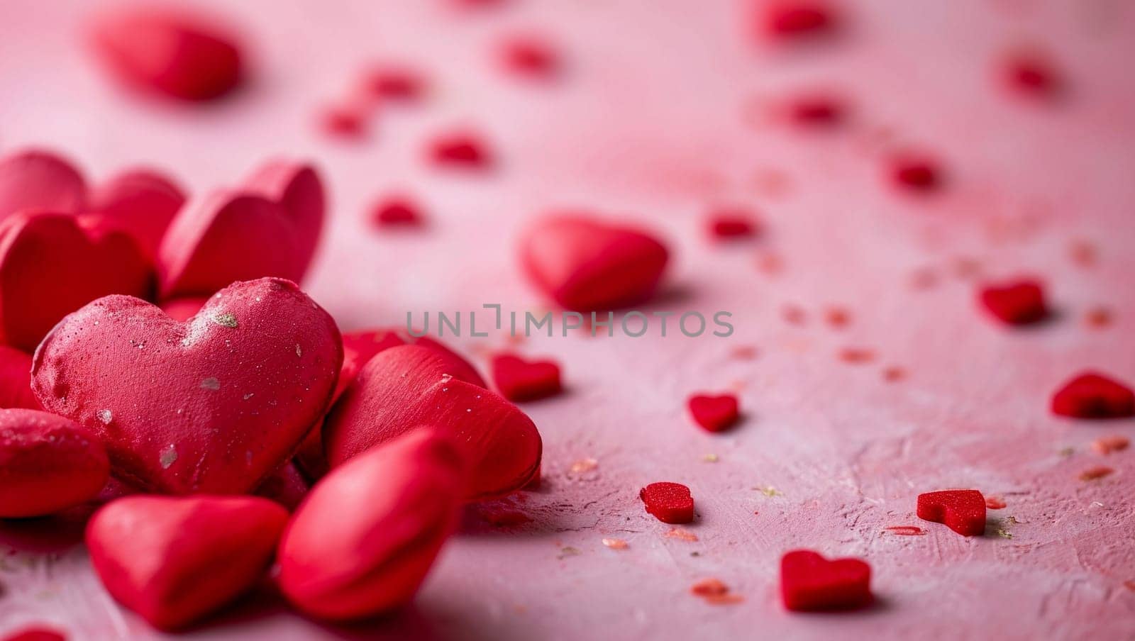 Red hearts on pink background. A lot of heart-shaped object is located to the side, there is space for text. High quality photo