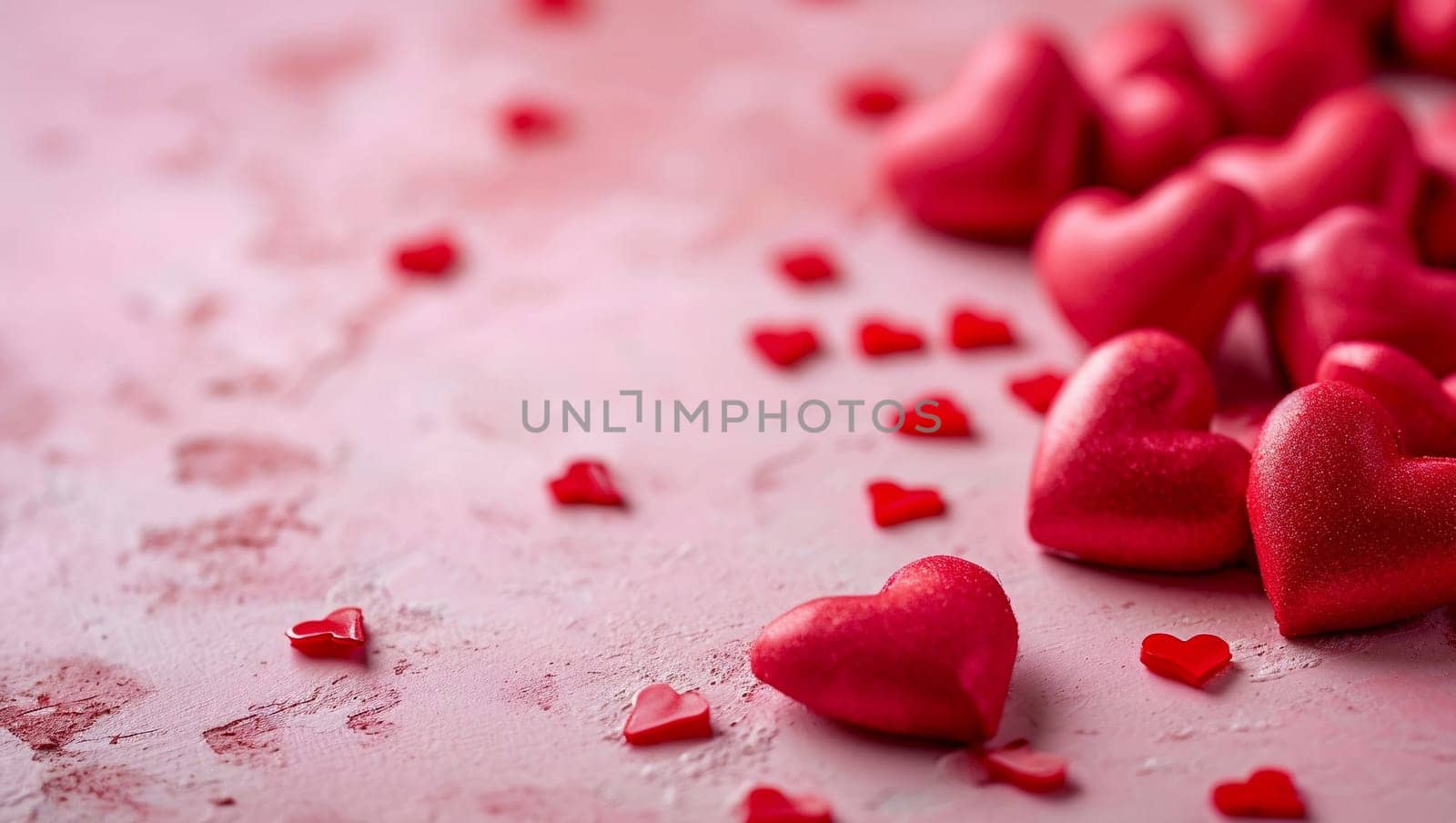Red hearts on pink background. A lot of heart-shaped object is located to the side, there is space for text. by Sneznyj