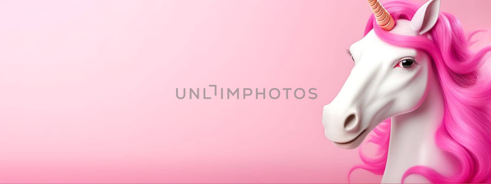 Photorealistic 3D rendering of a whimsical pink-haired unicorn against a soft pink background, banner with copy space