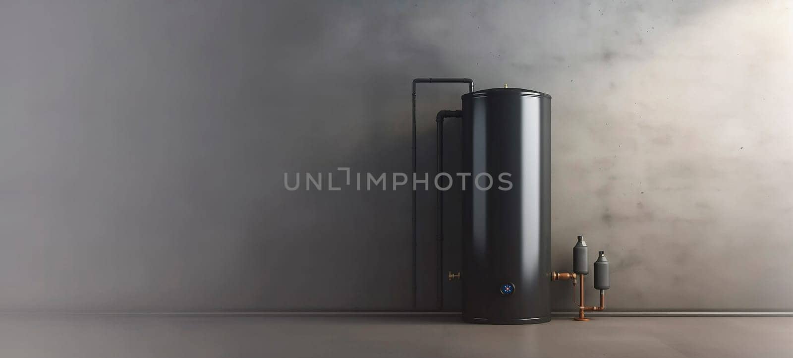 Banner Black Water Heater Tank With Water Temperature Control, Electric Boiler in Modern Boiler Room with Gray Walls and Wooden Floor. Horizontal Plane. Space For Text, AI Generated. Mockup or Design