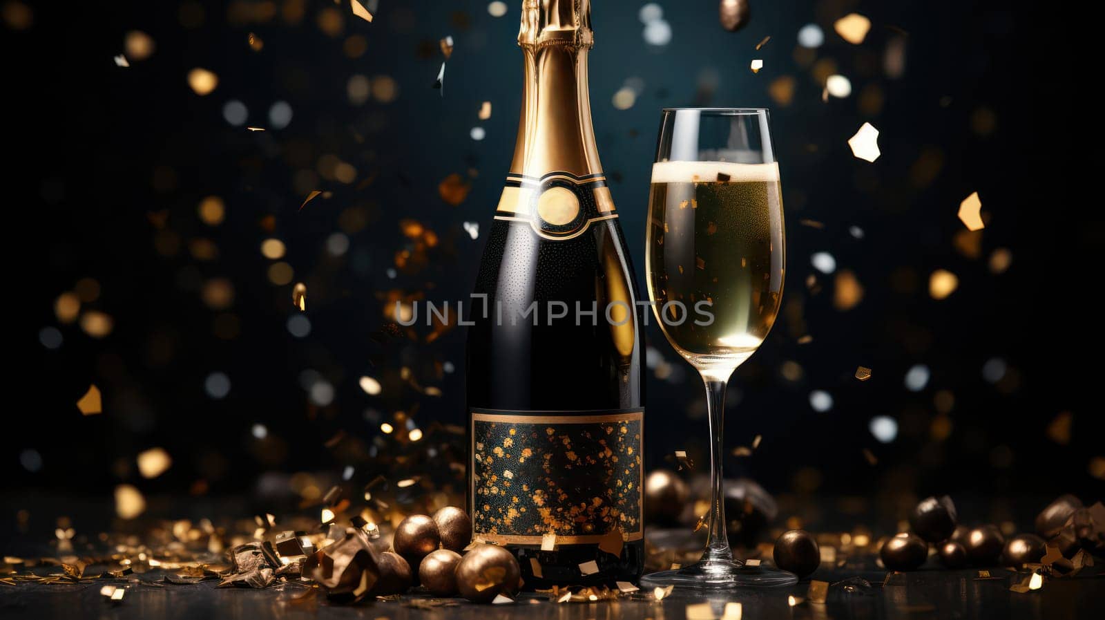 Bottle and glass of champagne gold shining background. Bright glitter, confetti and ornaments on dark blurred backdrop. New year eve, Christmas party festive banner with copy space