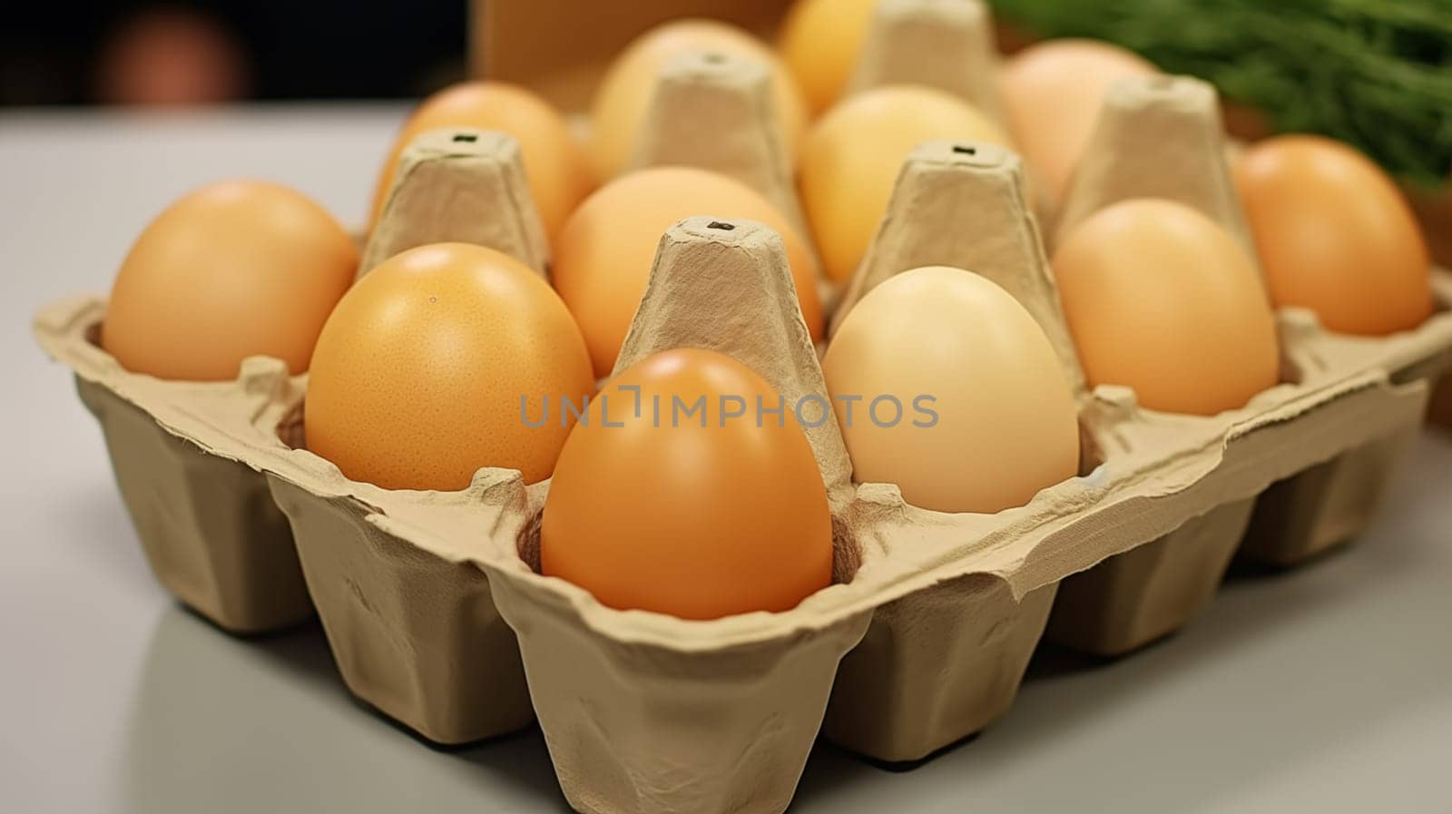 A dozen gold-colored eggs lie in a cardboard package on the table. Close up