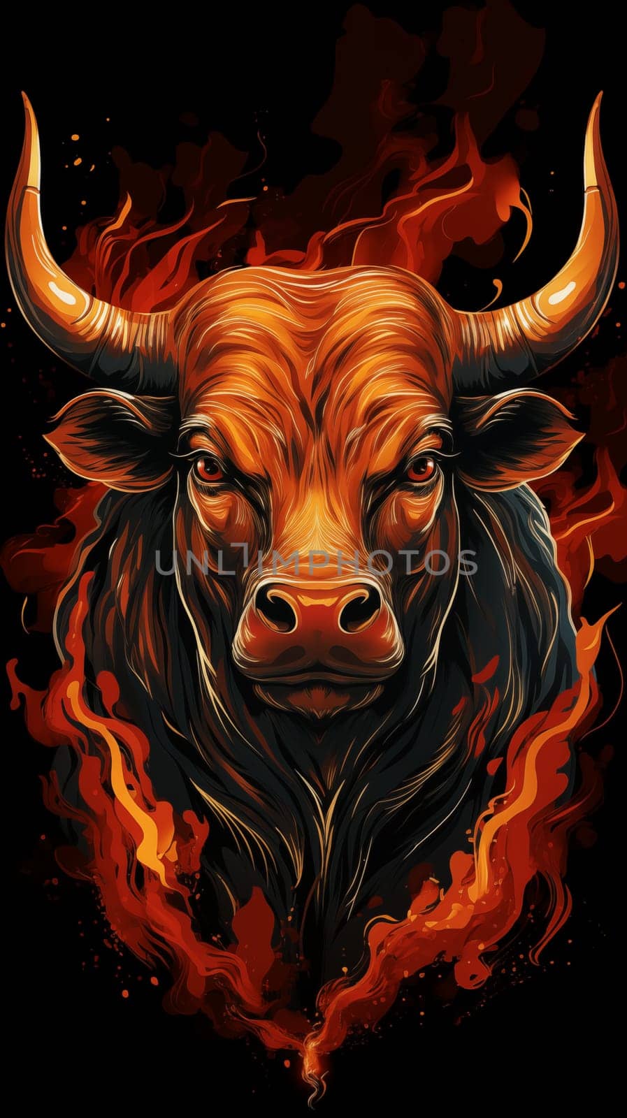 Head of bull, in fire, on a black background, cartoon, drawing style by Zakharova