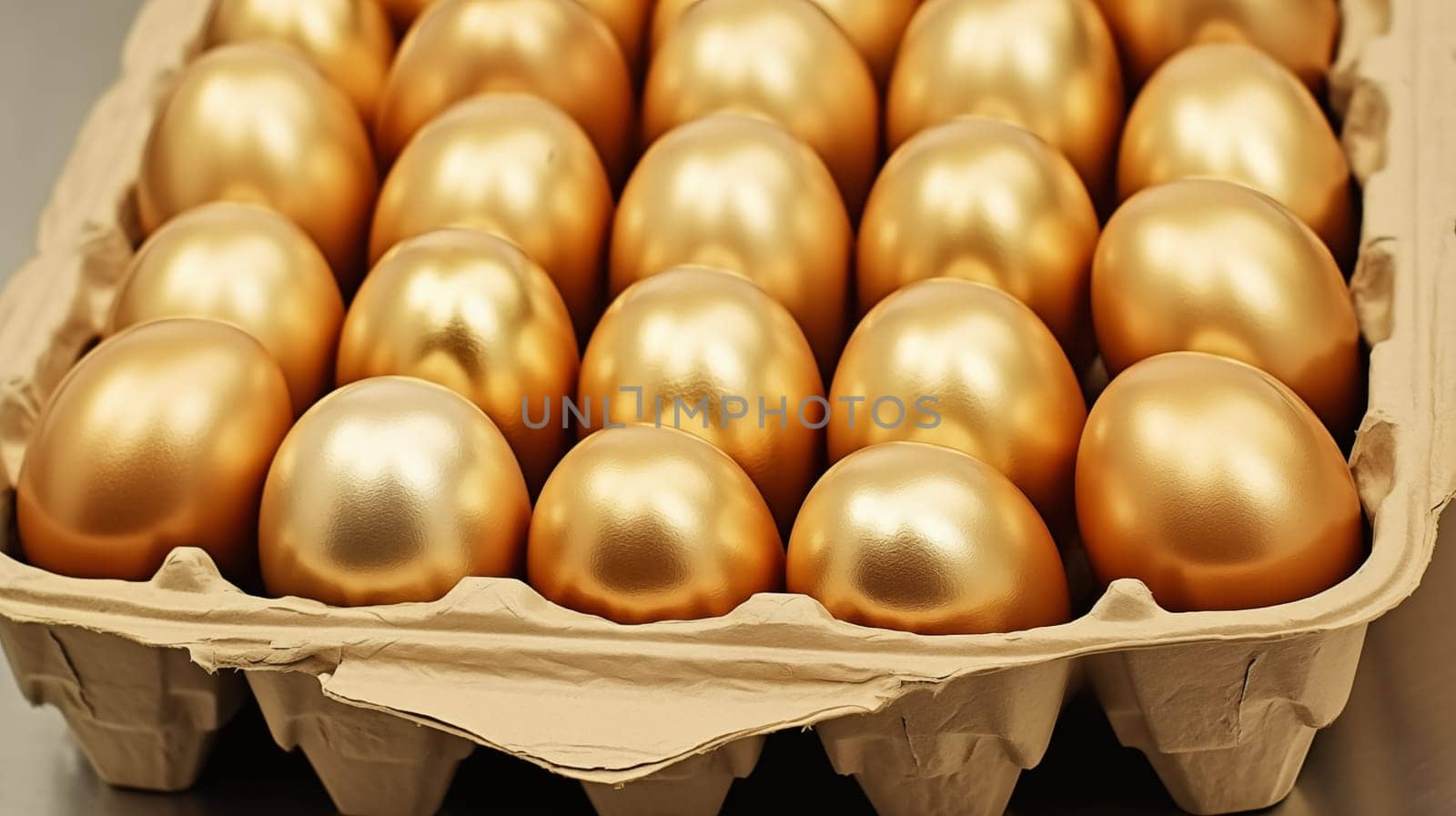 beautiful golden-colored eggs lie in a cardboard package on the table. Top view