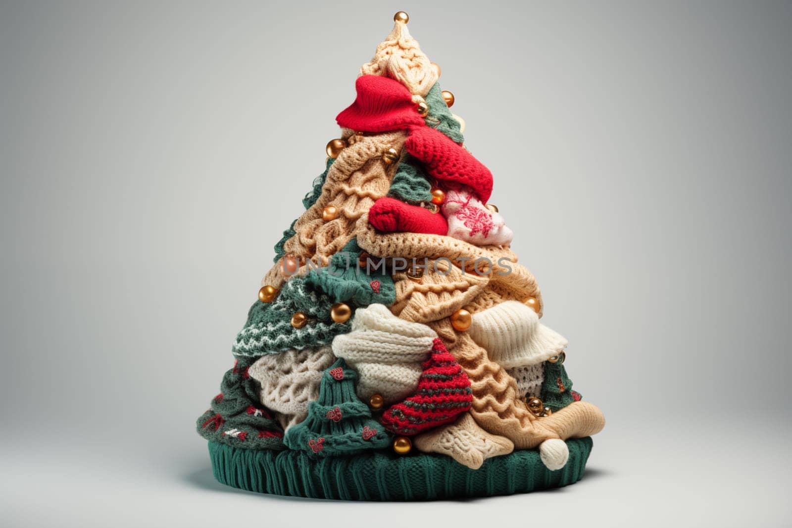 Creative knitted multicolor Christmas tree stand isolated on a white background.