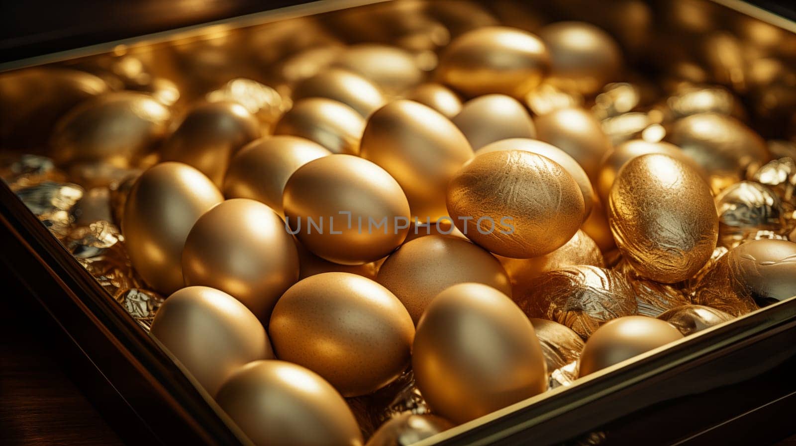 Close up of luxary golden metal eggs lie on box by Zakharova