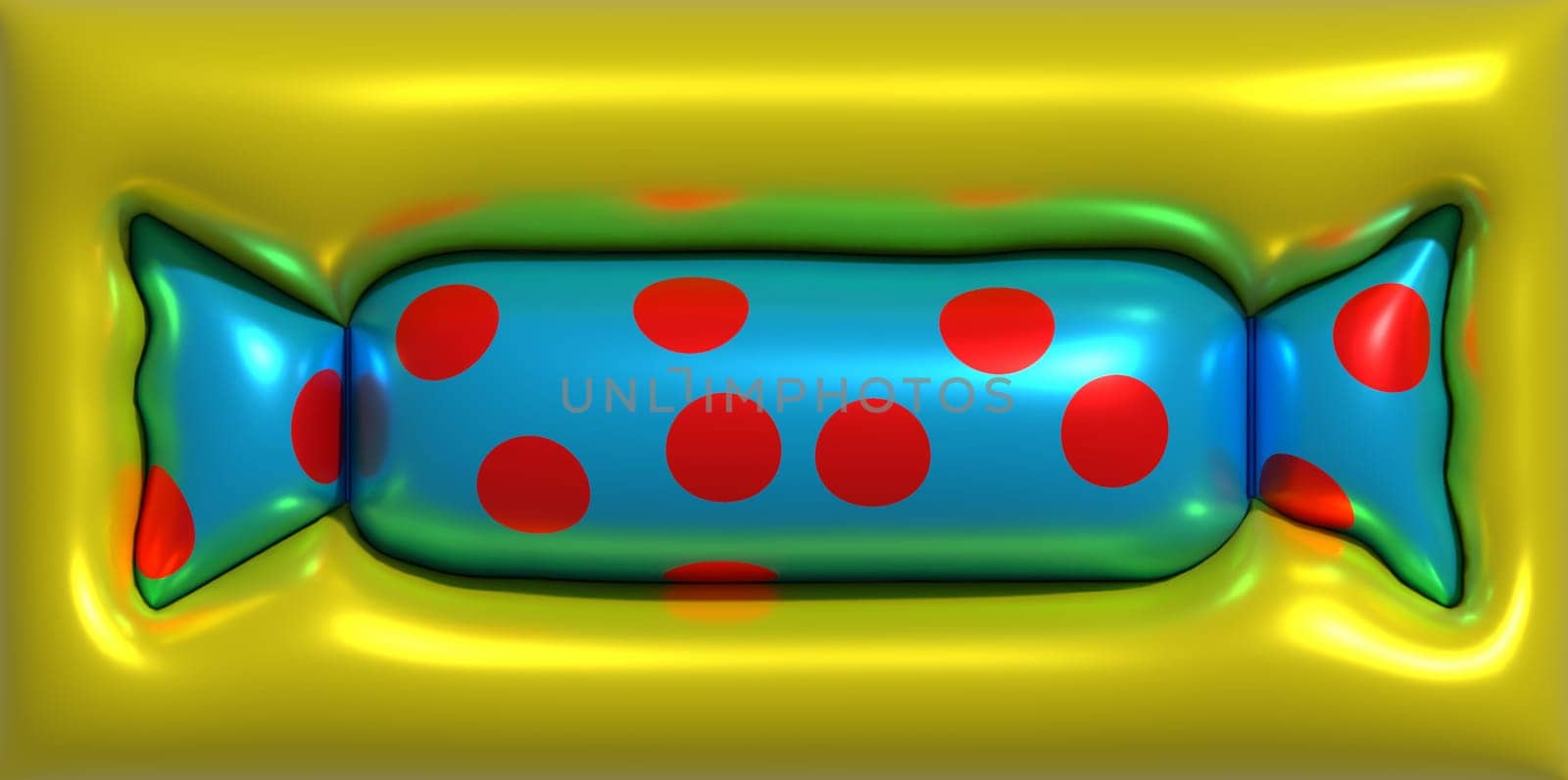 Candy wrapped in a blue wrapper on a yellow background, 3D rendering illustration