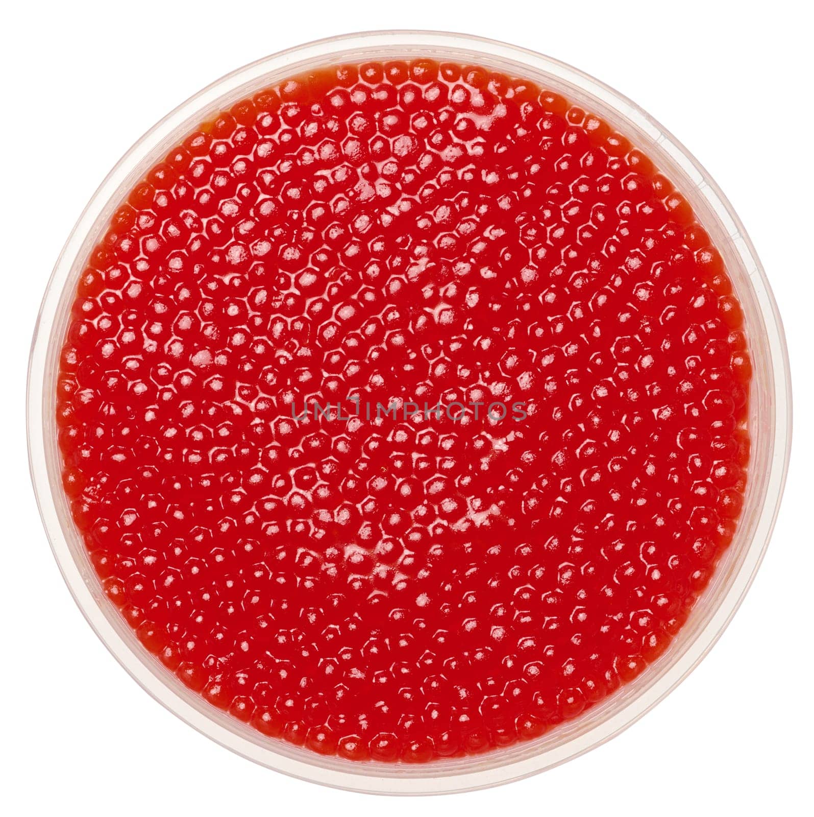 Red caviar in a plastic bowl on an isolated background, top view