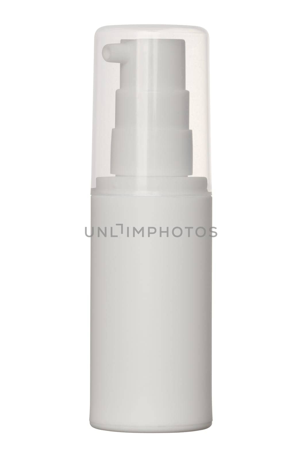 White plastic tube with dispenser and cap on isolated background, container for cosmetics by ndanko