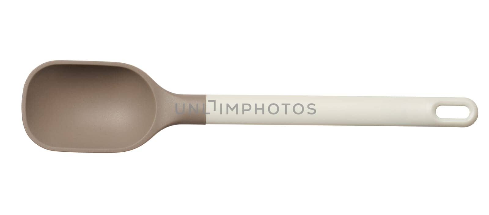 Plastic large kitchen spoon on isolated background, top view