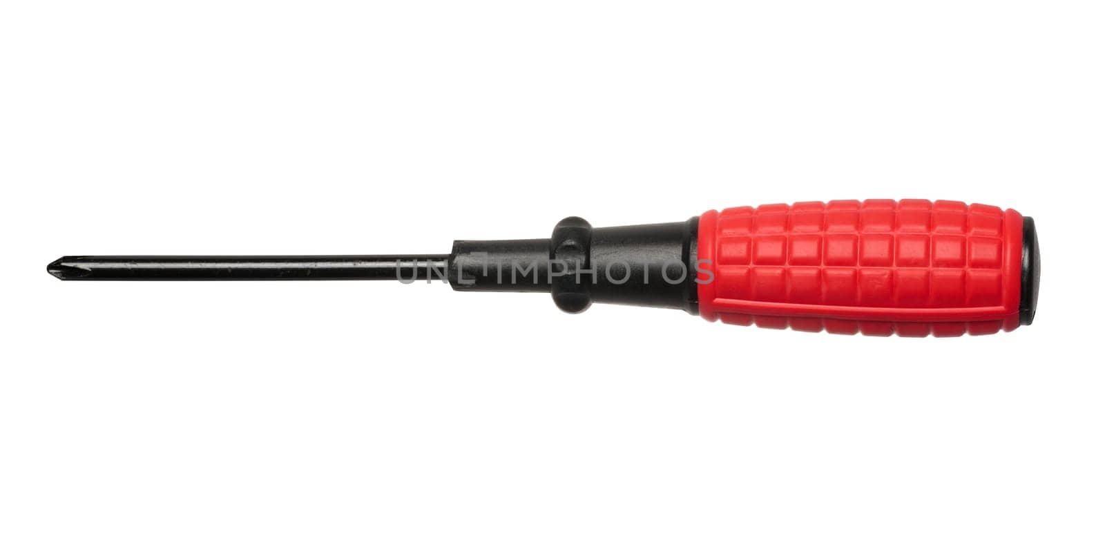 Screwdriver with rubber red handle on isolated background