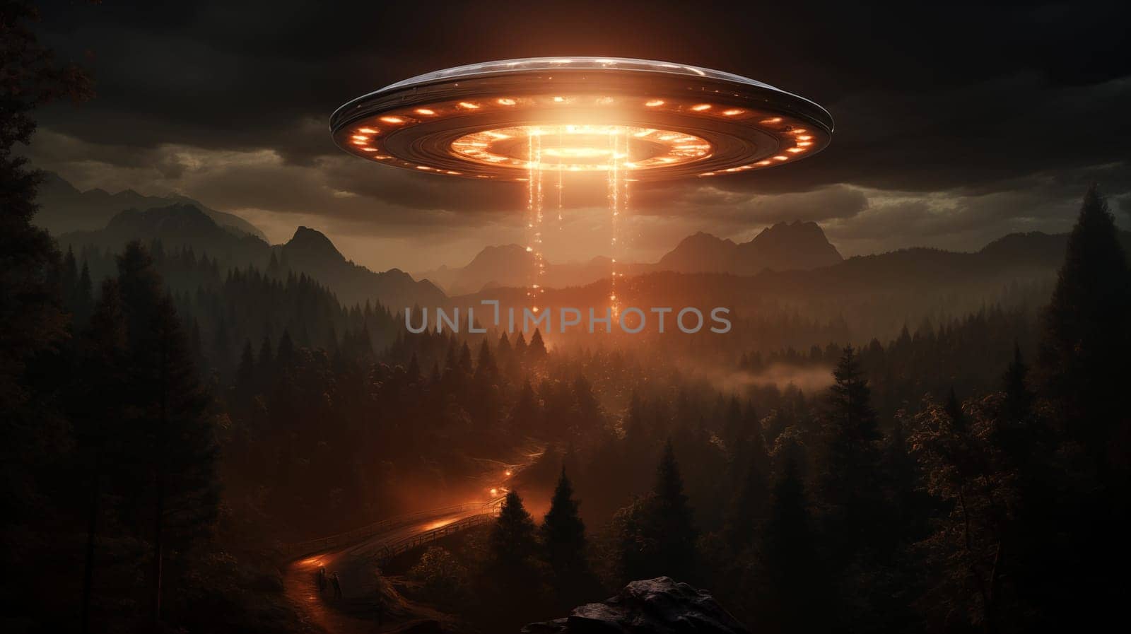 As the fog enveloped the landscape, a ufo appeared in the sky, its bright lights piercing through the clouds as it hovered over the mountains - Generative AI