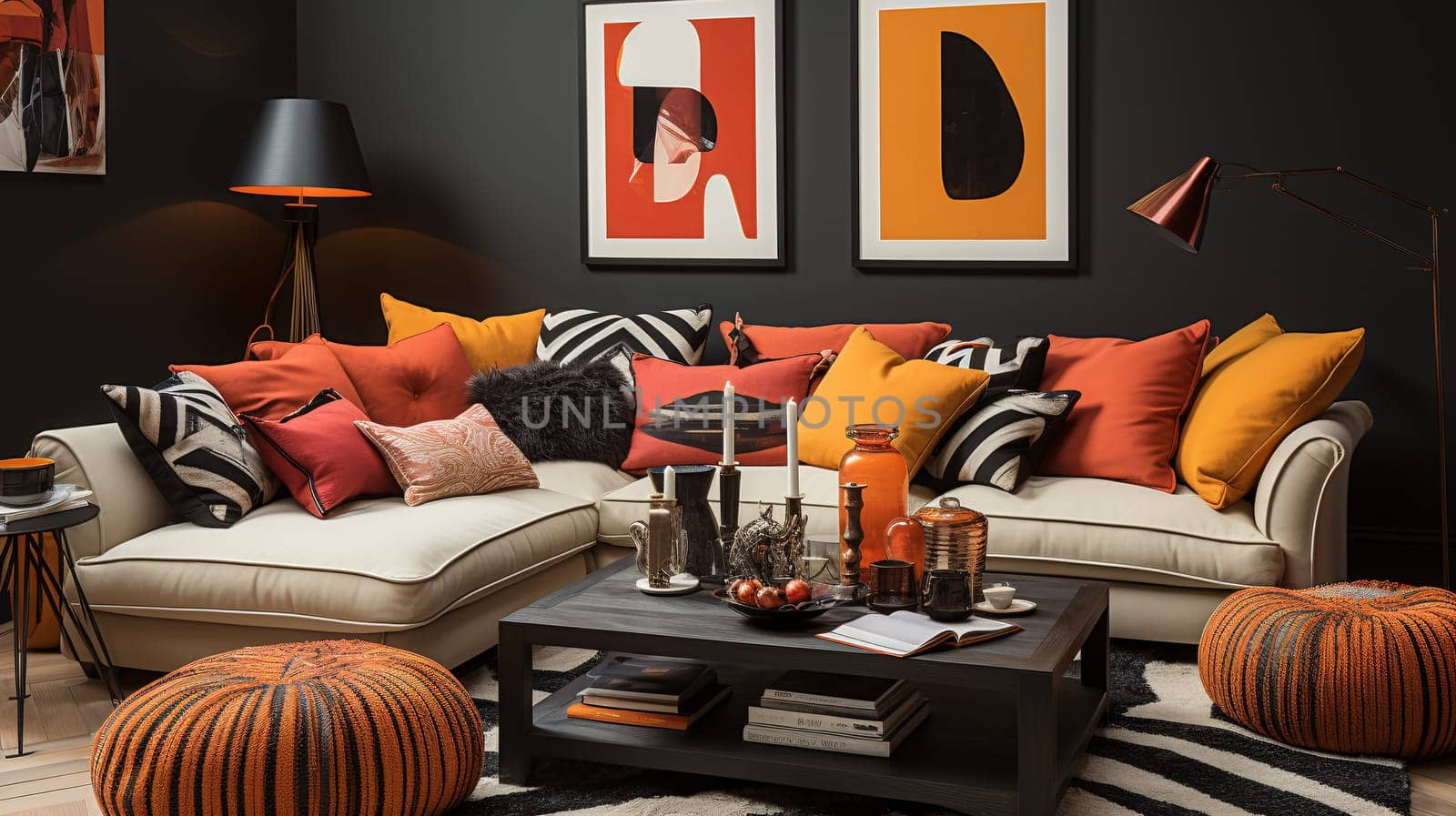 A living room with a colored sofa and vibrant artwork - Generative AI