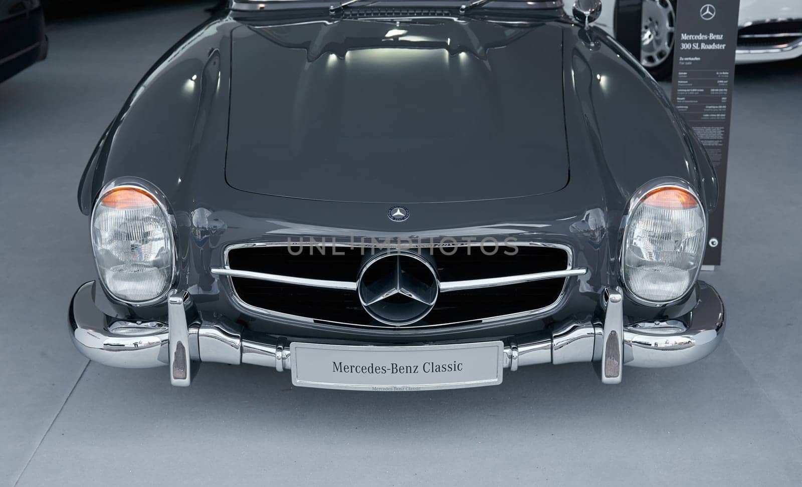 Monaco, Monte Carlo, 29 September 2022 - Classic Mercedes Benz on exhibition of exclusive cars during the yacht show, the famous motorboat exhibition in the principality. High quality photo