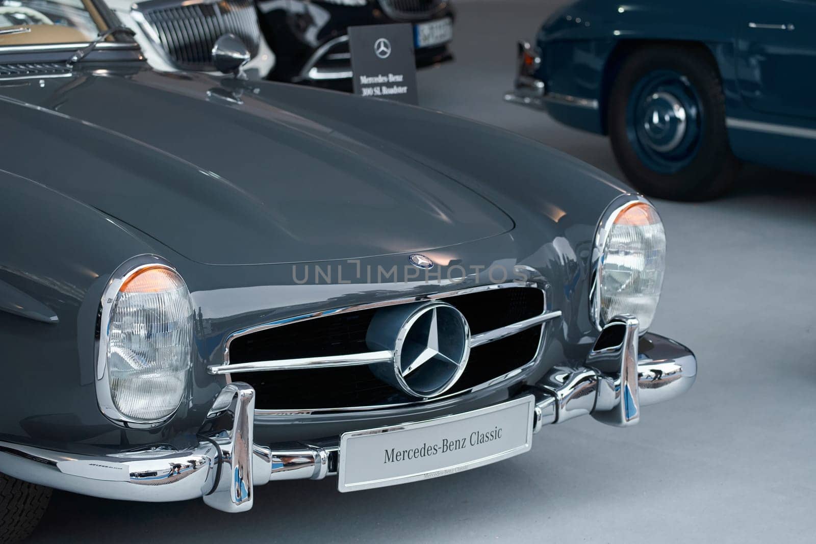 Monaco, Monte Carlo, 29 September 2022 - Classic Mercedes Benz on exhibition of exclusive cars during the yacht show, the famous motorboat exhibition in the principality. High quality photo