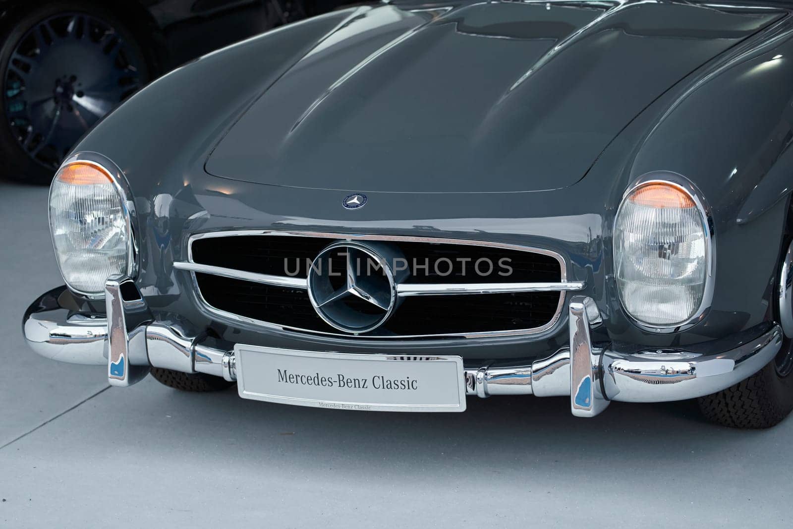 Monaco, Monte Carlo, 29 September 2022 - Classic Mercedes Benz on exhibition of exclusive cars during the yacht show, the famous motorboat exhibition in the principality. High quality photo