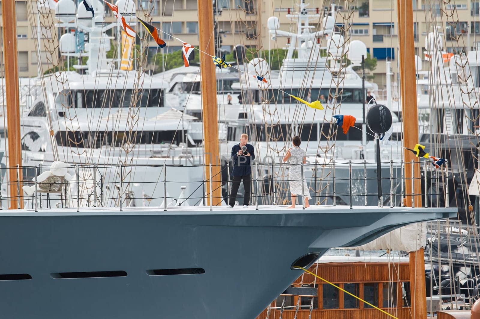 Monaco, Monte-Carlo, 29 September 2022 - the blogger makes a report from the event of the largest fair exhibition in the world yacht show MYS, port Hercules, a lot of new mega yachts, yacht brokers. High quality photo
