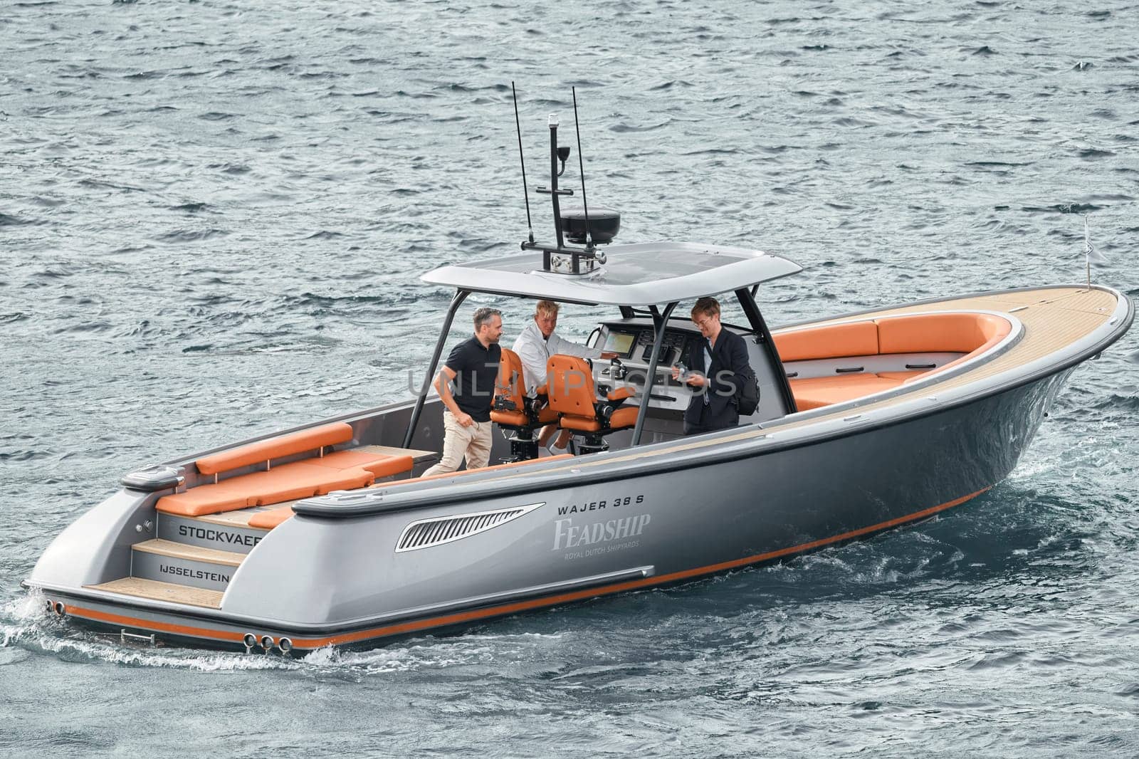 Monaco, Monte Carlo, 29 September 2022 - Water taxi by luxury motorboat on the famous yacht exhibition, a lot of most expensive luxury yachts, richest people, yacht brokers, boat traffic by vladimirdrozdin