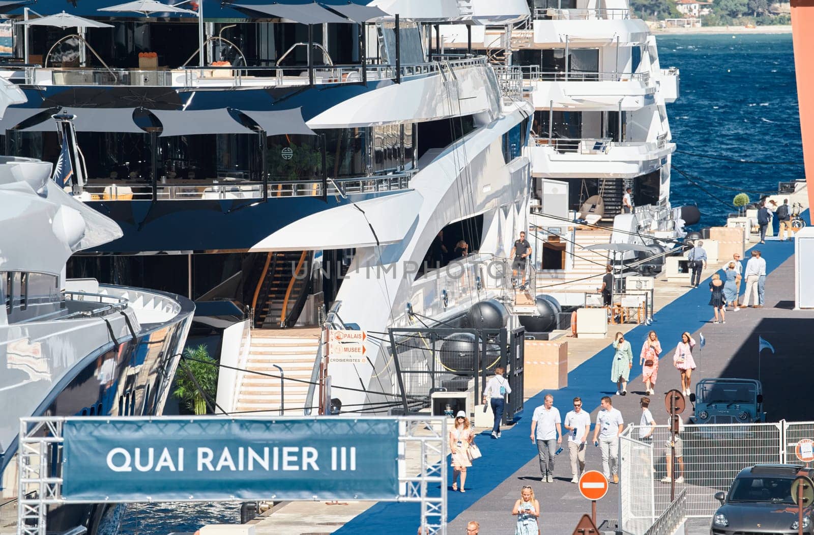 Monaco, Monte Carlo, 28 September 2022 - a lot of luxury yachts at the famous motorboat exhibition in the principality, the most expensive boats for the richest people around the world, yacht brokers. High quality photo