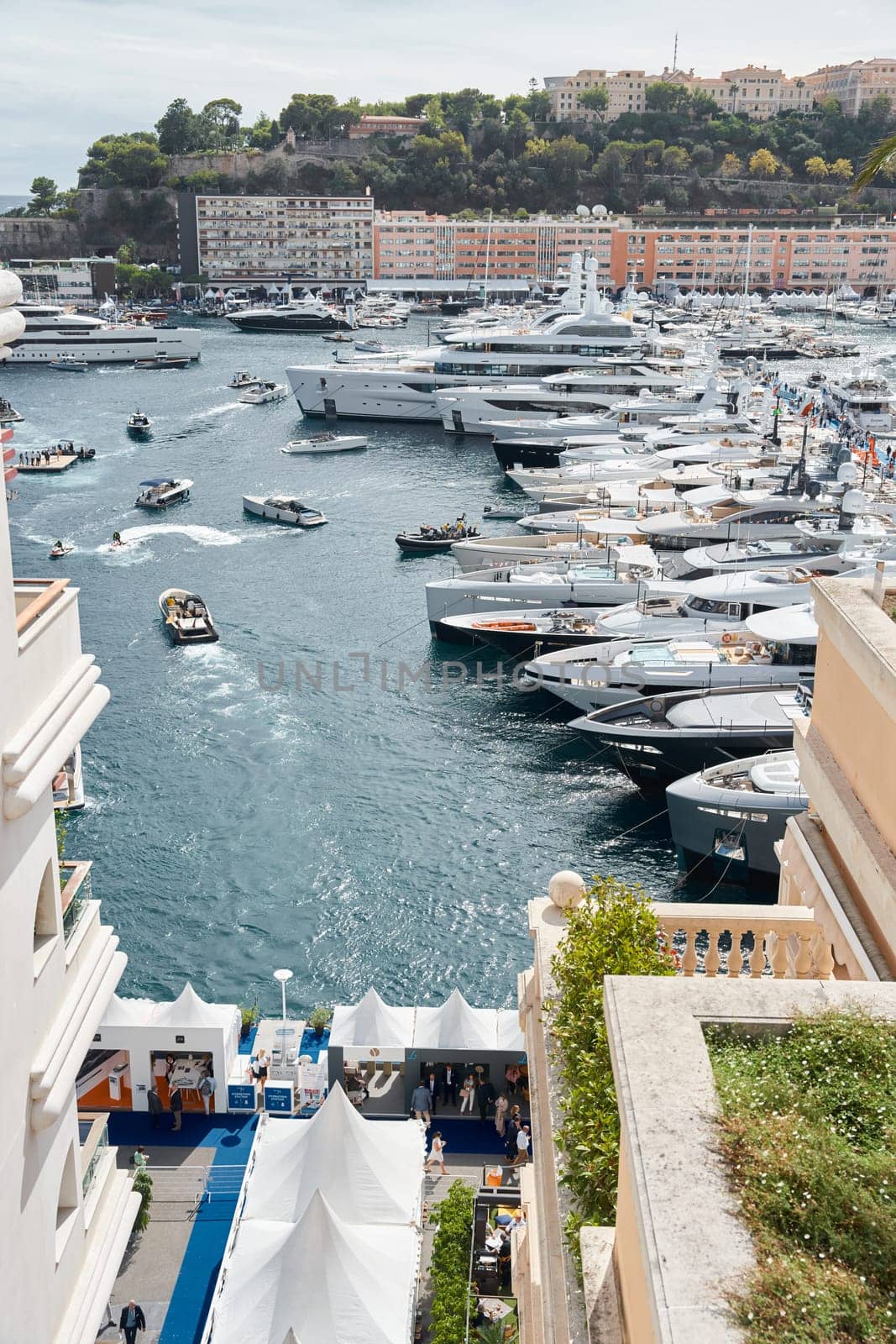 Monaco, Monte Carlo, 29 September 2022 - a lot of luxury yachts at the famous motorboat exhibition, the most expensive boats for the richest people, yacht brokers, boat traffic by vladimirdrozdin