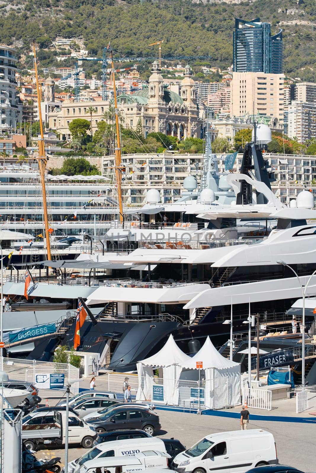 Monaco, Monte Carlo, 28 September 2022 - a lot of luxury yachts at the famous motorboat exhibition in the principality, the most expensive boats for the richest people around the world, yacht brokers by vladimirdrozdin