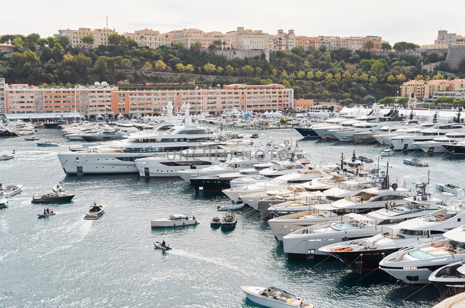 Monaco, Monte Carlo, 29 September 2022 - a lot of luxury yachts at the famous motorboat exhibition, the most expensive boats for the richest people, yacht brokers, boat traffic by vladimirdrozdin