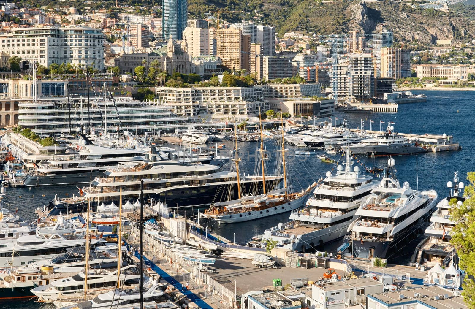 Monaco, Monte Carlo, 28 September 2022 - Top view of the famous yacht show, exhibition of luxury mega yachts, the most expensive boats for the richest people around the world, yacht brokers by vladimirdrozdin