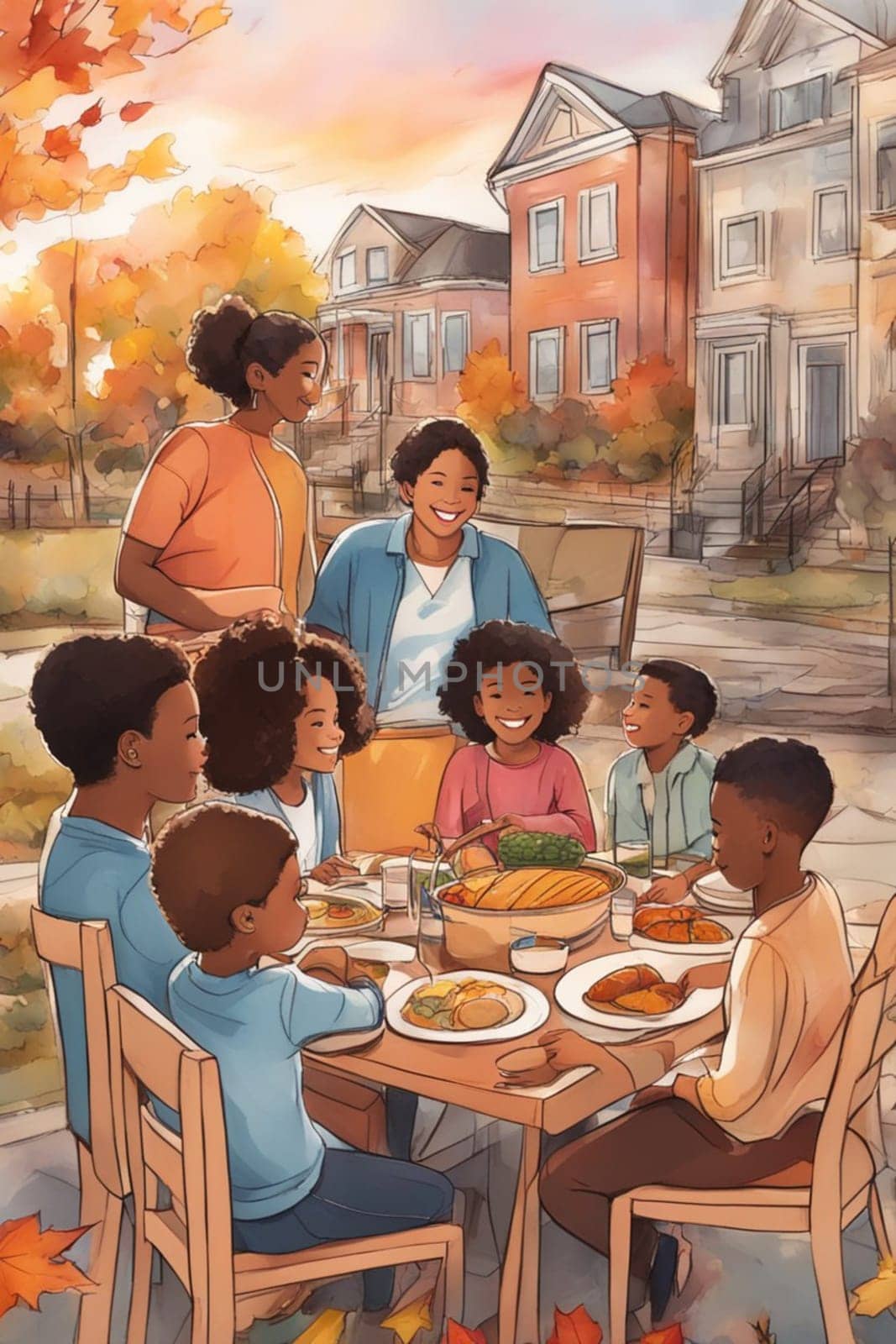 loving family enjoy thanksgiving lunch at the table with view, illustration by verbano