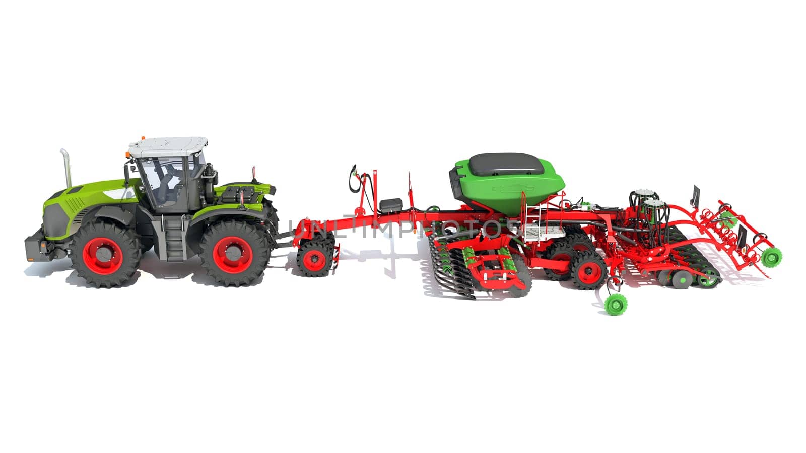 Tractor with Seed Drill farm equipment disc harrow 3D rendering on white background by 3DHorse