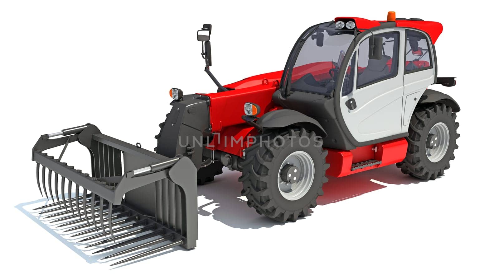 Telehandler heavy construction machinery 3D rendering on white background by 3DHorse