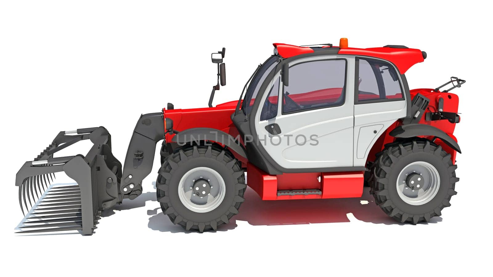 Telehandler heavy construction machinery 3D rendering on white background by 3DHorse