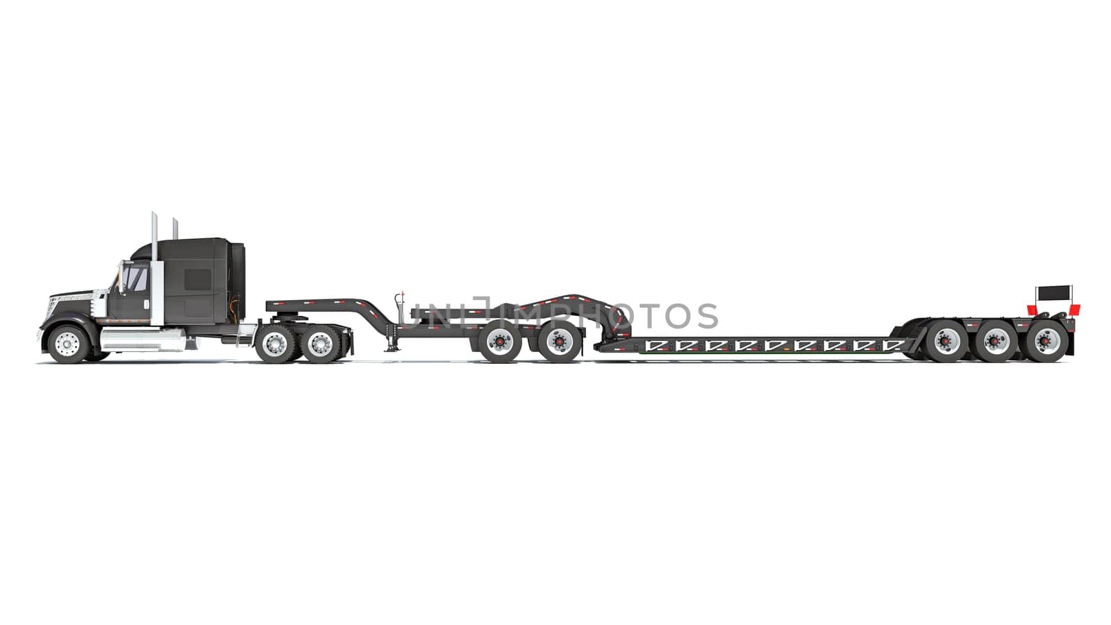 Semi Truck with Lowboy Platform Trailer 3D rendering model on white background