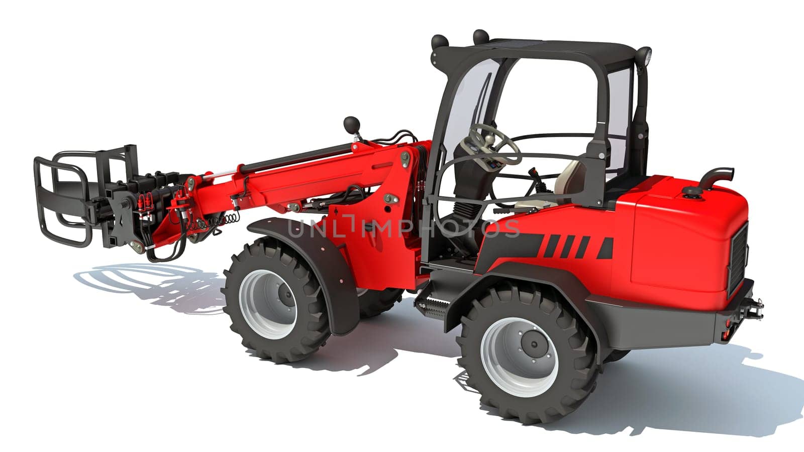 Telehandler heavy construction machinery 3D rendering on white background by 3DHorse