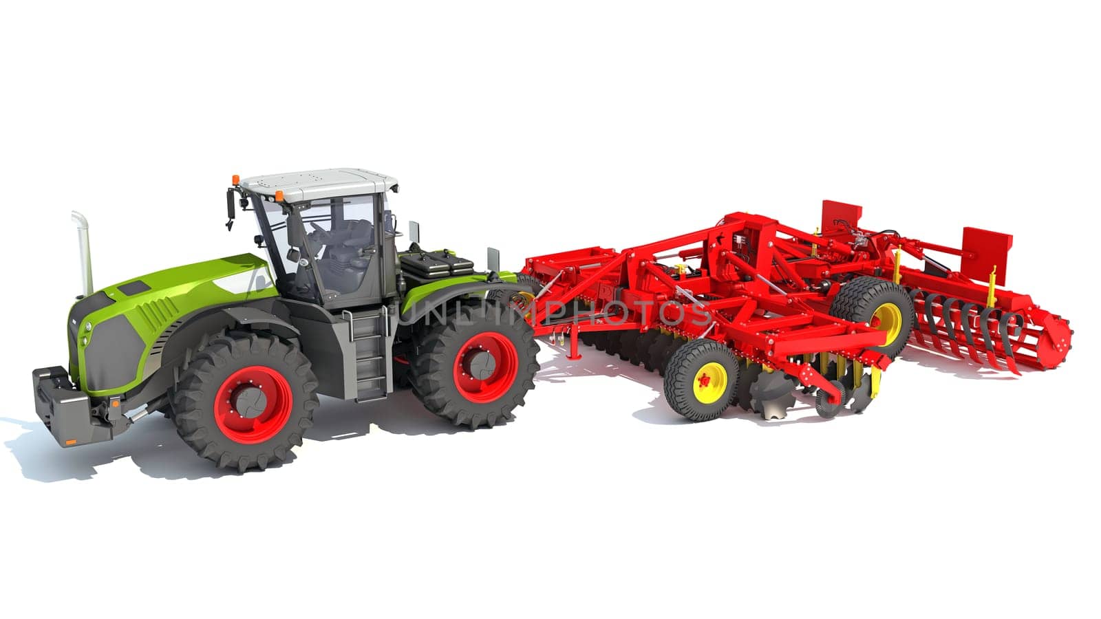 Tractor with Seed Drill farm equipment disc harrow 3D rendering on white background by 3DHorse