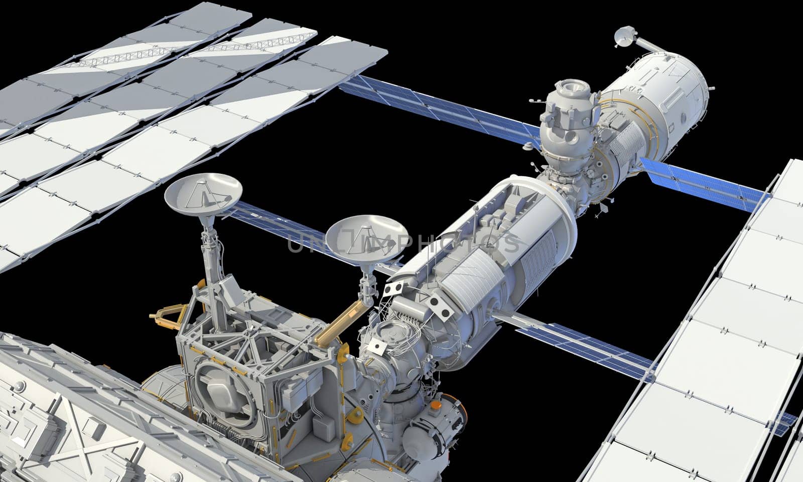 International Space Station ISS 3D rendering on black background by 3DHorse