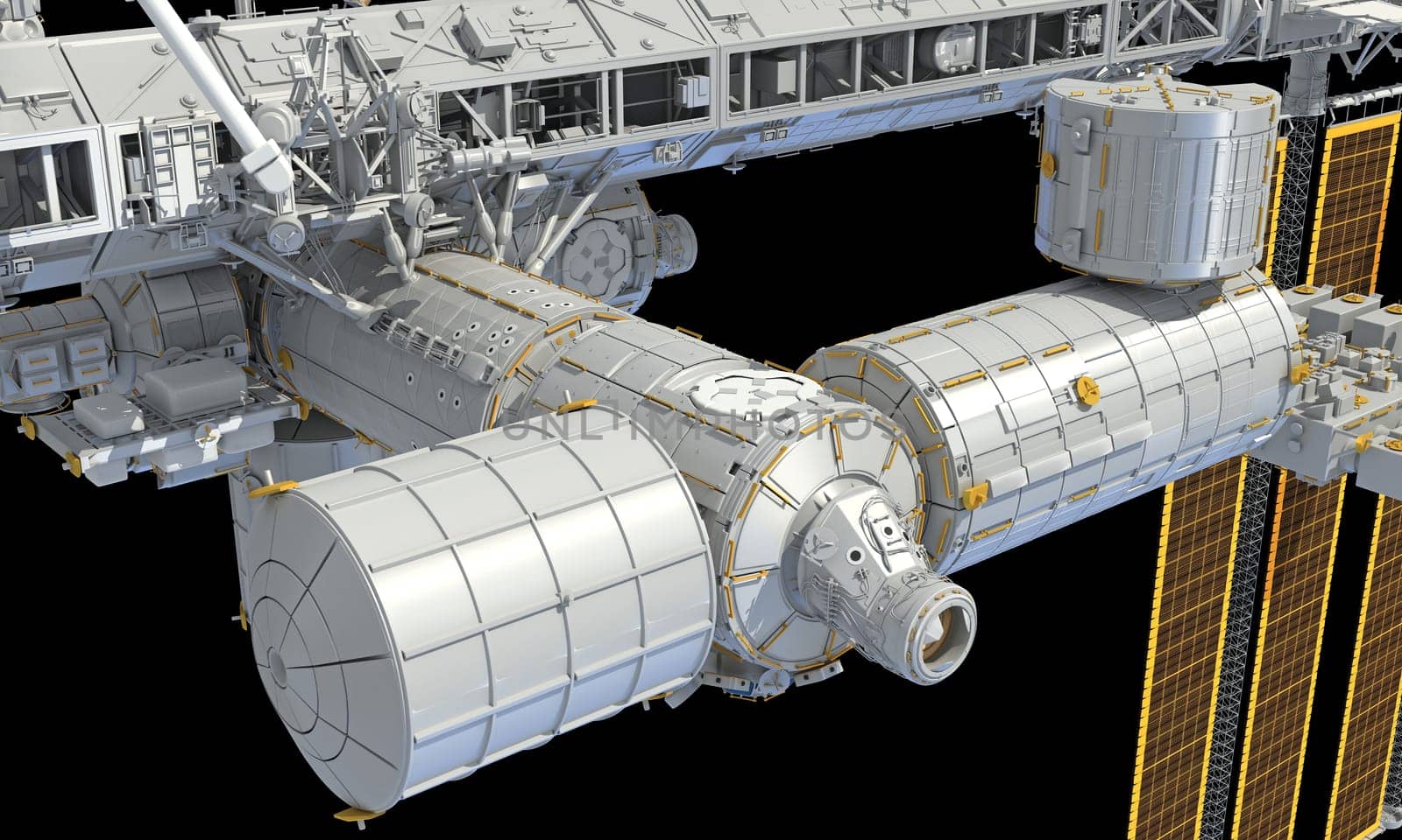 International Space Station ISS 3D rendering model on black background