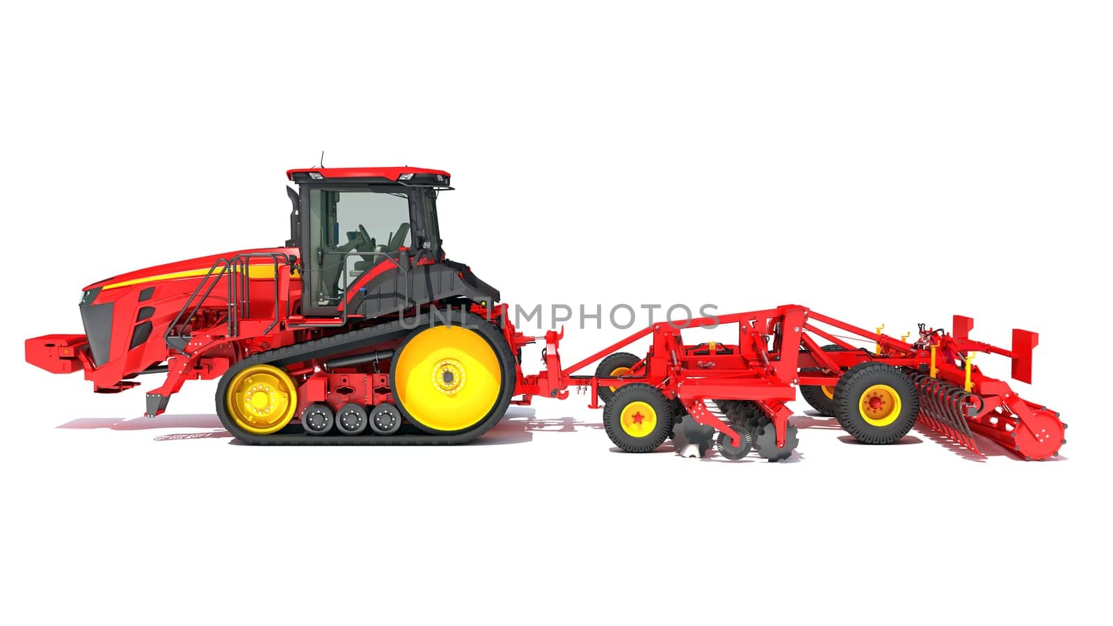 Tractor with Seed Drill farm equipment disc harrow 3D rendering on white background by 3DHorse