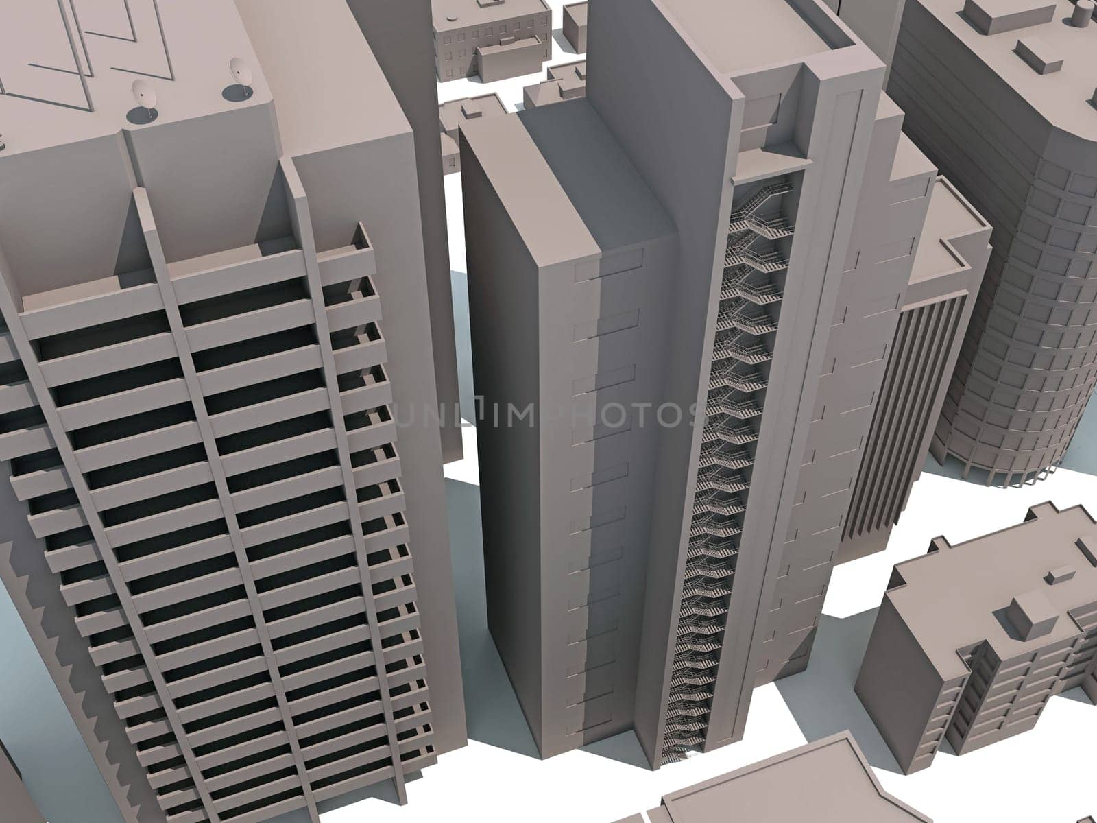 City Buildings 3D rendering model on white background