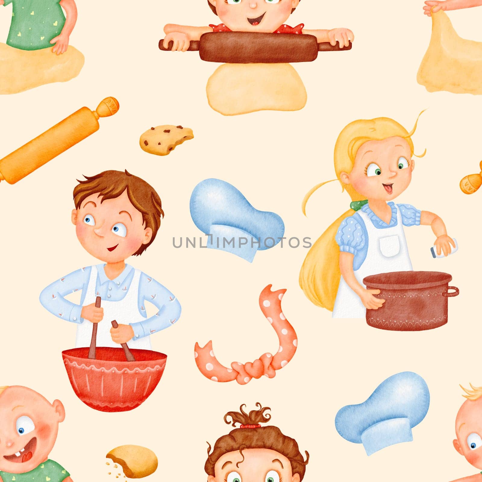 Seamless pattern. Happy funny cute kids are cooking lunch. The little helpers are making dinner. A friendly cozy family. children in the kitchen. Watercolor beige background Joyful characters by Art_Mari_Ka