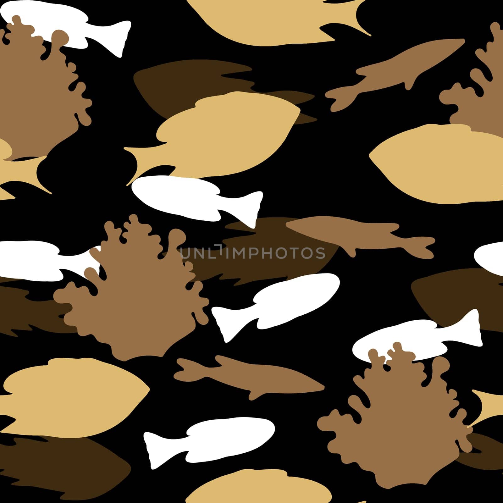 Seamless Pattern with White and Brown Fish and Coral Silhouettes. by Rina_Dozornaya