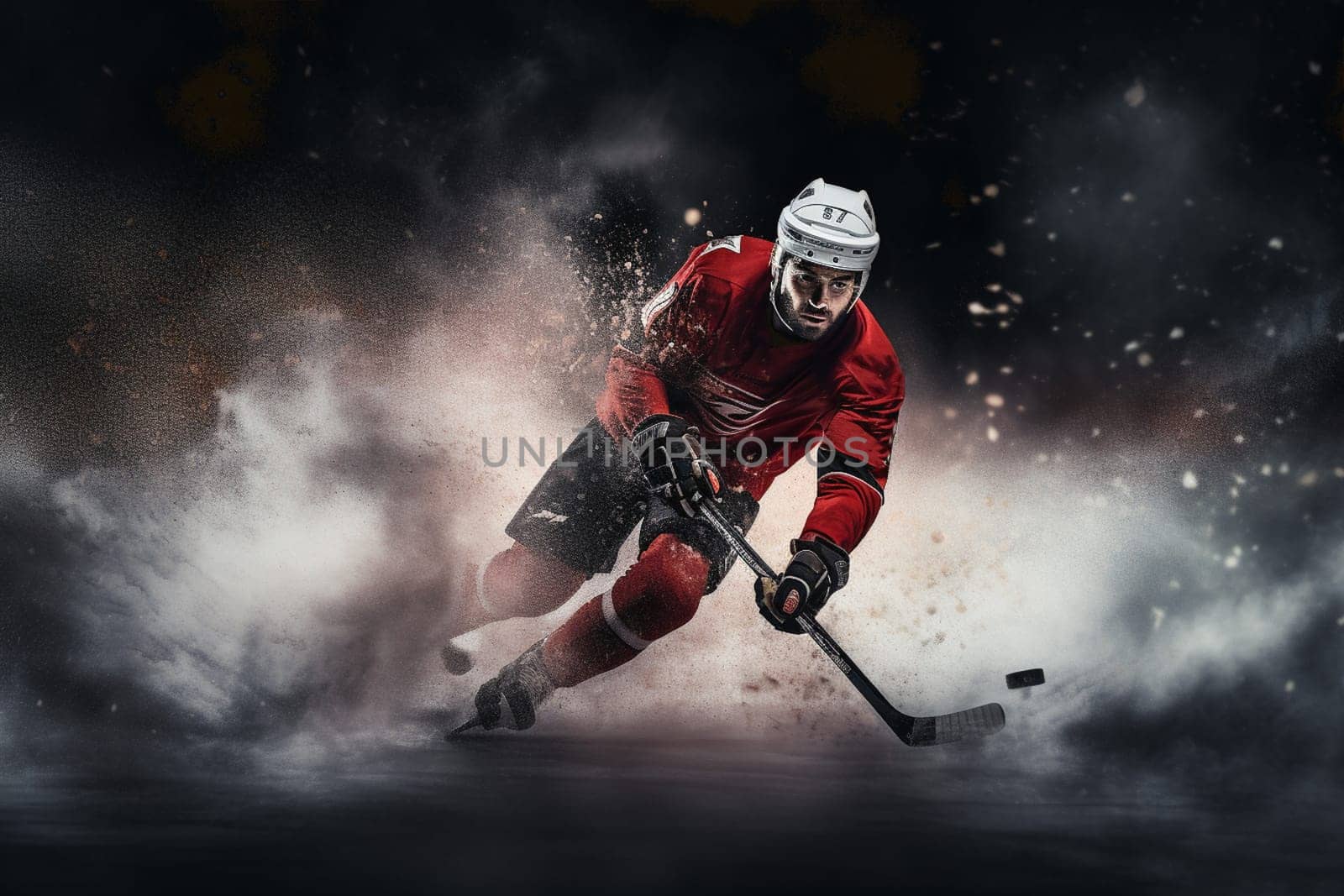 Ice hockey player on the ice around modern light. High quality photo
