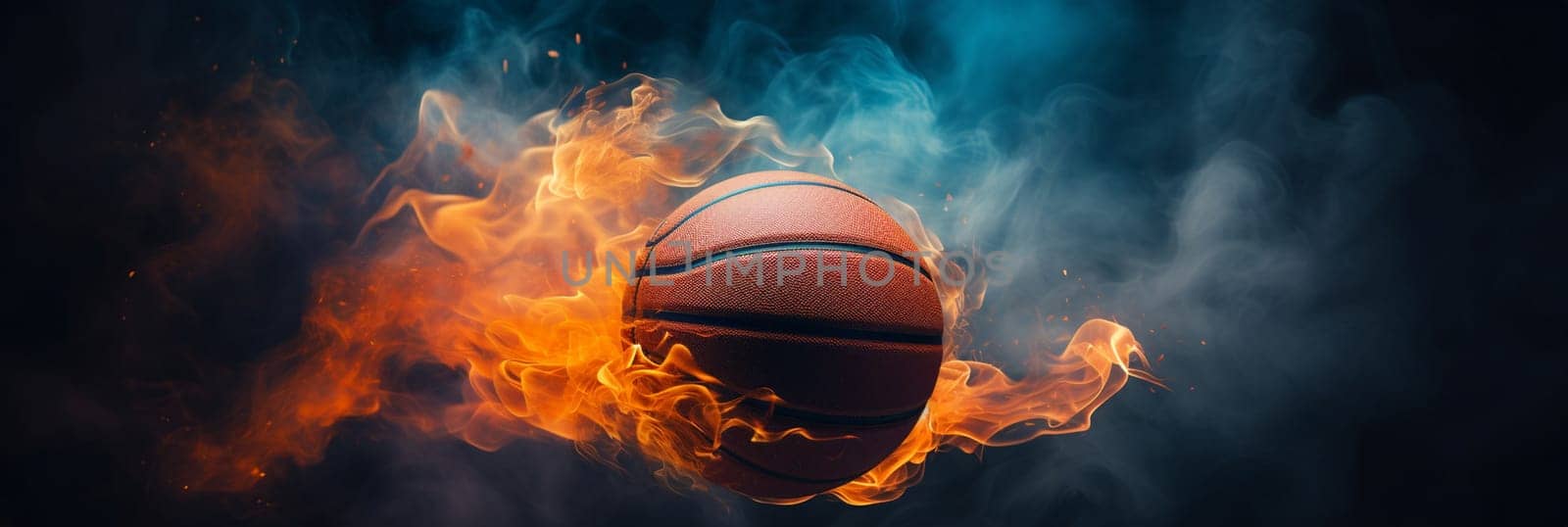 basketball on fire in basketball court stadium with lights in the field shining. High quality photo