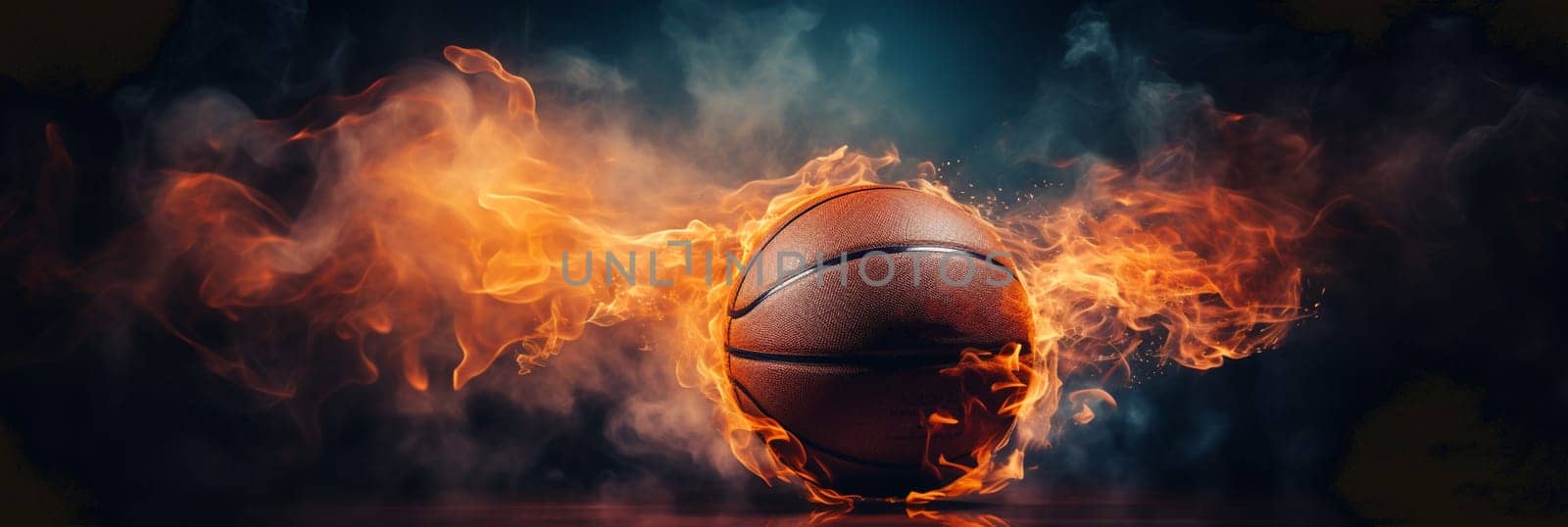 Basketball and a basket in an outdoor court with dramatic lightning. High quality photo