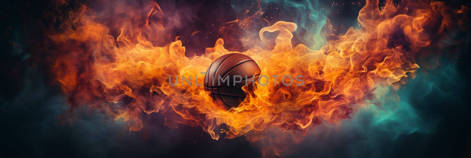 basketball on fire in basketball court stadium with lights in the field shining by Andelov13