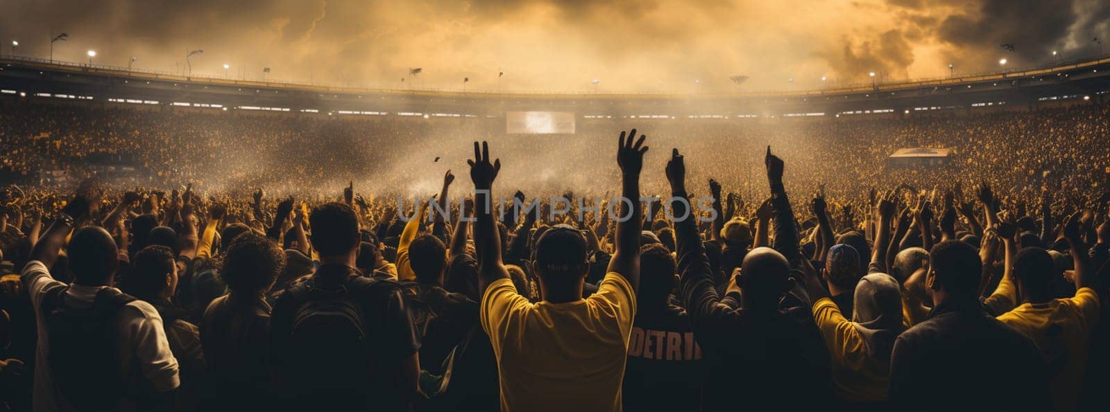 Fans celebrating the success of their favorite sports team on the stands of the professional stadium. Stadium is made in 3D. High quality photo